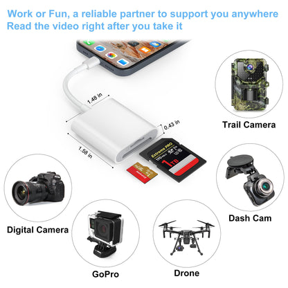 SD Card Reader, Memory Card Reader for iPhone 14/14 Pro Max/13/12/11/XS/XR Dual Slot for SD/TF Card Trail Game Camera SD Card Viewer Lightning to MicroSD Card Camera Adapter for iPad No App Required
