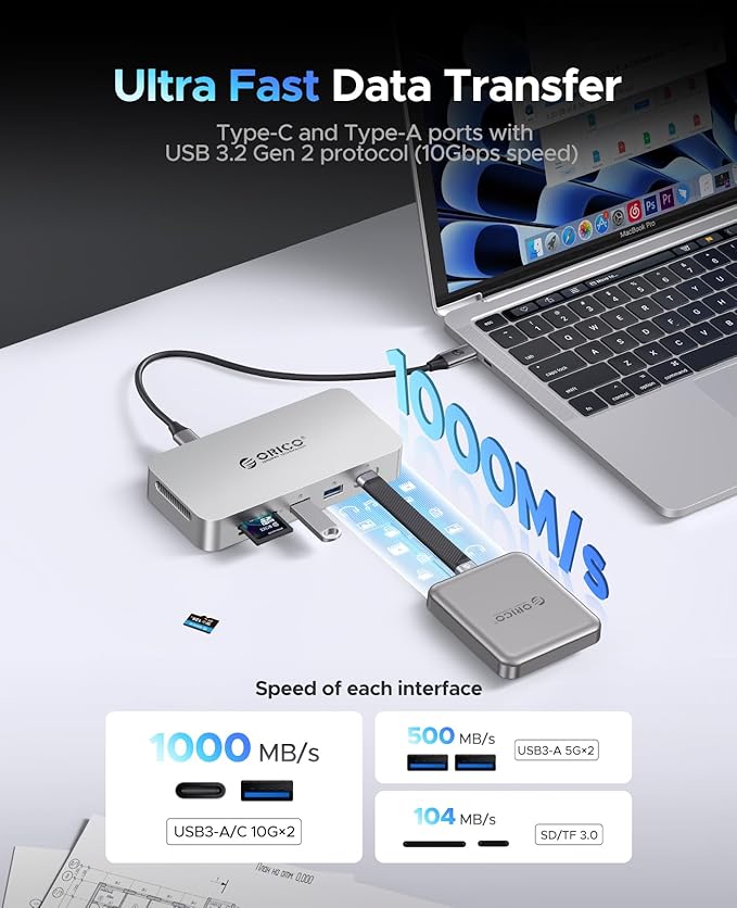 ORICO 1 TB External SSD Docking Station, SSD Expansion + Hub Extension, Up to1000MB/s, 10-in-1 USB C HUB with Internal SSD, Support 4K@60Hz HDMI Display, 100W PD, Ethernet, SD/TF, Mac Mini - SJ10