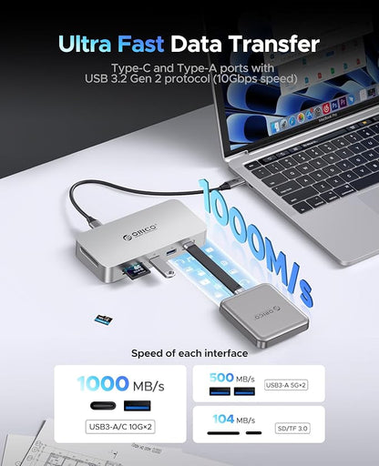 ORICO 1 TB External SSD Docking Station, SSD Expansion + Hub Extension, Up to1000MB/s, 10-in-1 USB C HUB with Internal SSD, Support 4K@60Hz HDMI Display, 100W PD, Ethernet, SD/TF, Mac Mini - SJ10