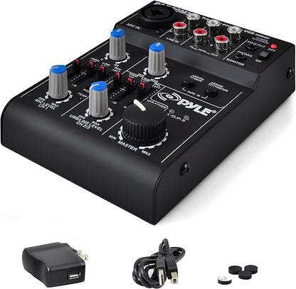 Pyle 5-Channel Professional Audio Mixer DJ Sound Board – Compact Music Mixer with USB Interface, EQ Controls, XLR Mic Input, 18V Phantom Power, Rechargeable Battery – USB/Line/Master Controls