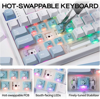 EPOMAKER TH108 Full Size Mechanical Keyboard, Wireless Gaming Keyboard with 8000mAh Battery, Creamy Gasket, 108 Keys, Hot Swap, Custom Driver, RGB Backlight (Blue&White, Creamy Jade)