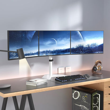 WALI Triple Monitor Stand, Free Standing Three LCD Monitor Fully Adjustable Desk Mount Fits 3 Screens up to 27 inch, 22 lbs Weight Capacity per Arm (MF003-W), White