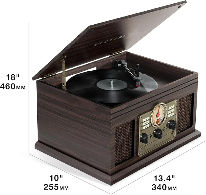 Victrola The Quincy 6-in-1 Bluetooth Record Player & Multimedia Center with Built-in Speakers – 3-Speed Turntable, CD & Cassette Player, AM/FM Radio, Wireless Music Streaming (Farmhouse Shiplap Grey)