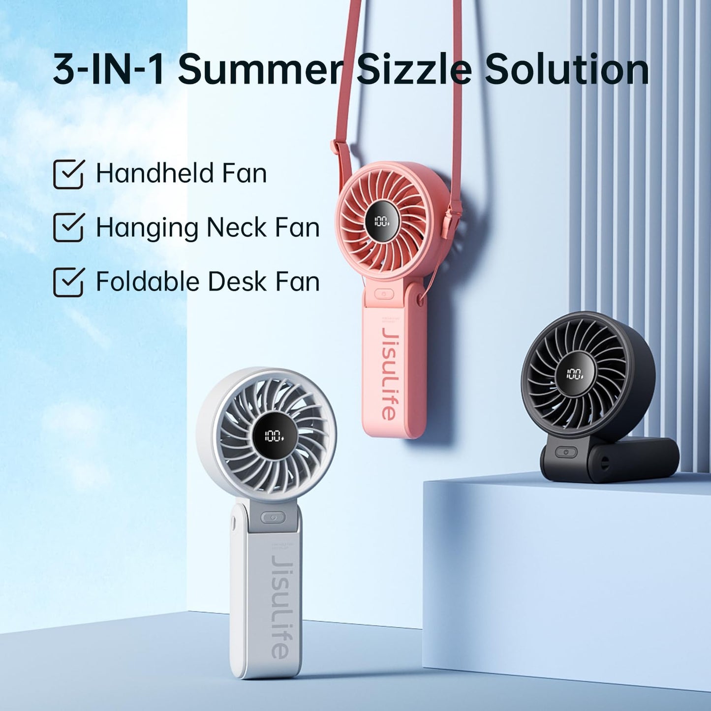 JISULIFE Portable Handheld Fan Life7: 3-in-1 Hand, Desk & Neck Fan-Pink