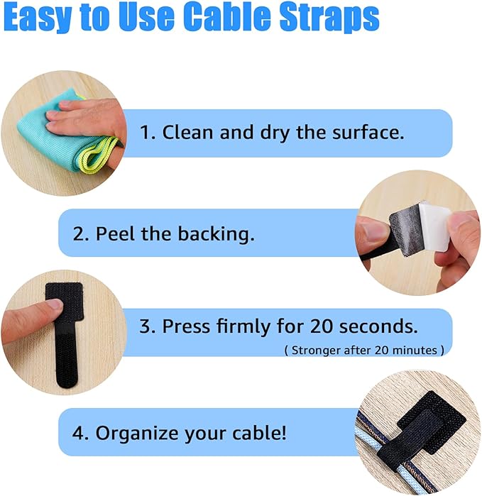 80PCS Hook and Loop Cable Ties, Under Desk Cable Management, Adhesive Cable Straps, Cord Management Hider Idea, Cord Organizer for Desk, Computer Accessories, Home Office Organization, Black+White