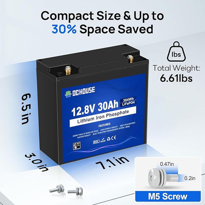 DC HOUSE 12V 30Ah Mini LiFePO4 Lithium Battery, BCI Group U1 with 30A BMS, Low Temp Cut-Off, 4000+Deep Cycles Perfect for Fish Finder, Trolling Motor, Kids Scooters, Power Wheel Chair,Boat, RV, etc