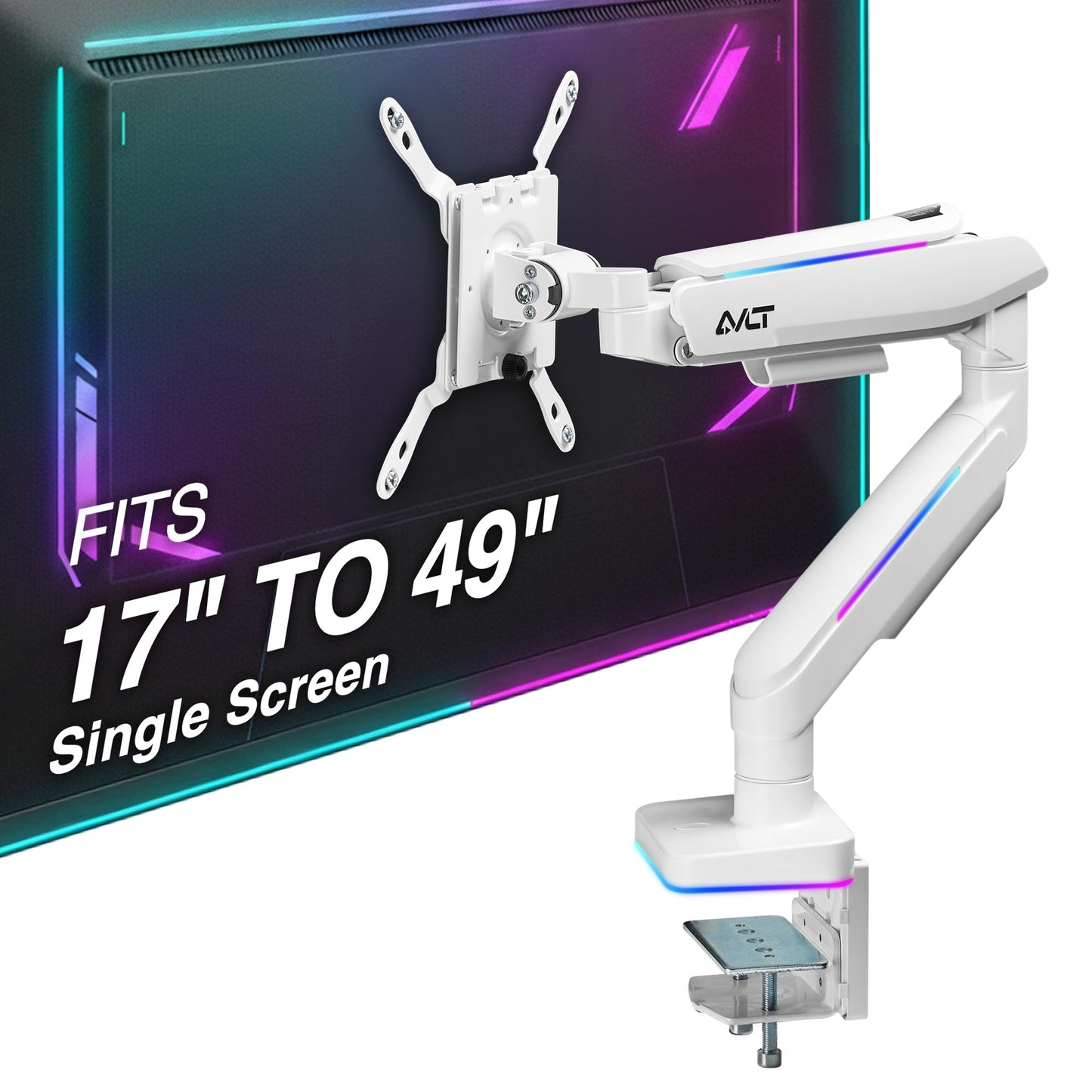 AVLT RGB Gaming Single Monitor Arm Desk Mount for 17-49" Screens - White
