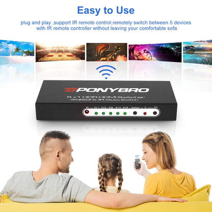 PONYBRO HDMI 2.0 Switch 5 Port 4K@60Hz Auto-Switching – 5 in 1 Out with Remote, HDR10, 3D, Ultra HD for PS5/Xbox/PC/Fire TV, Zero Delay