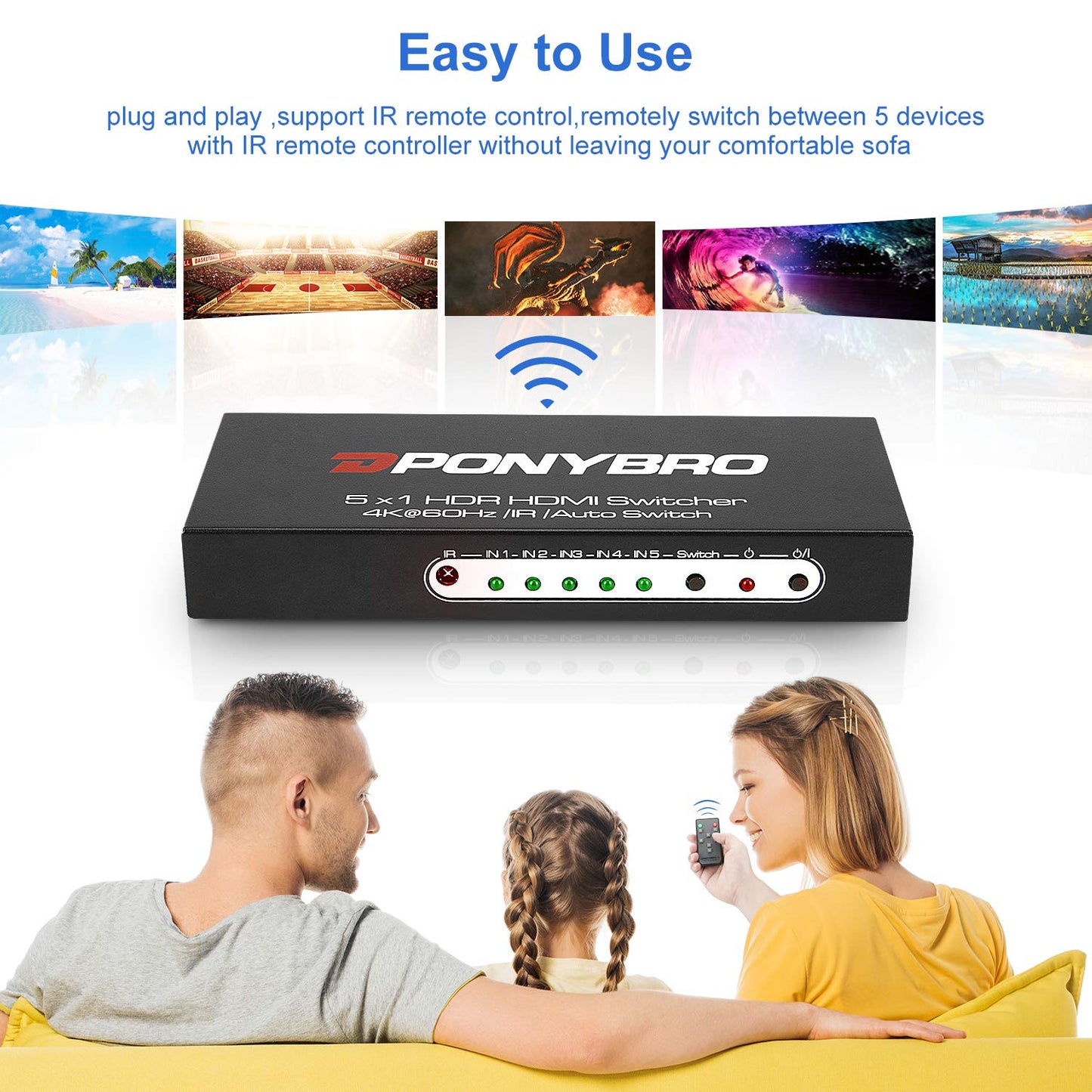 PONYBRO HDMI 2.0 Switch 5 Port 4K@60Hz Auto-Switching – 5 in 1 Out with Remote, HDR10, 3D, Ultra HD for PS5/Xbox/PC/Fire TV, Zero Delay