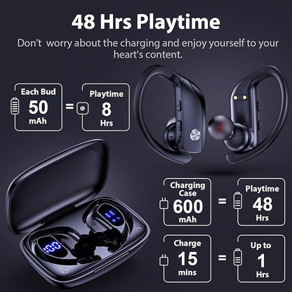 bmanl Wireless Earbuds Bluetooth Headphones Over Ear Hooks Ear Buds with 80H Playtime, LED Power Display, Dual Mic Clear Calls, Sports Wireless Ear Buds Bluetooth Earbuds for Running Gym Workout Black
