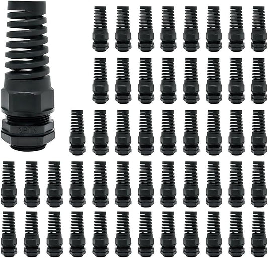 LeMotech 50Pcs NPT 1/2" IP68 Waterproof Cable Gland Flex Spiral Strain Relief Black Nylon Joint with Gaskets for 6-12mm Wire Thread