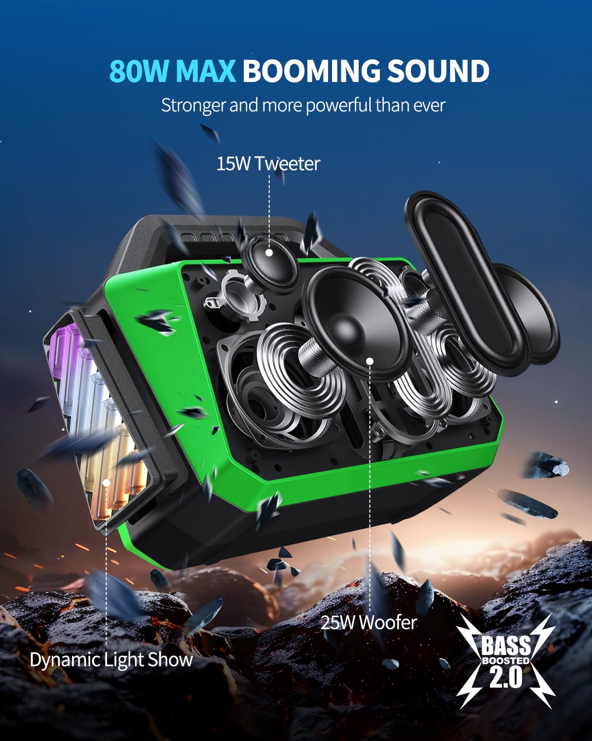 TPWIN Bluetooth Speaker - 80W Loud Rugged Outdoor Speakers, IPX6 Waterproof, 20H Playtime, Deep Bass, Lightshow, TWS, BT 5.3 Wireless, Portable for Travel Hiking Camping Beach Pool - Green