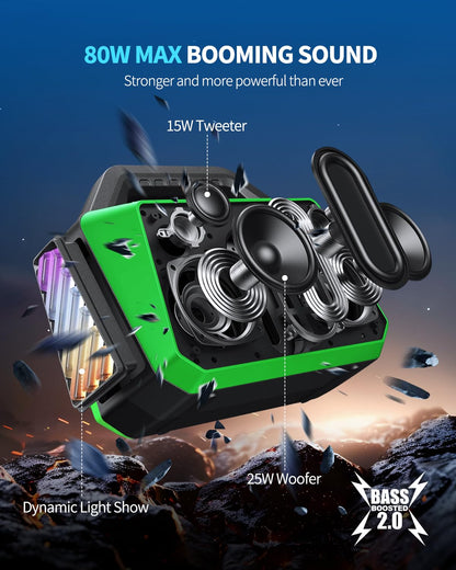 TPWIN Bluetooth Speaker - 80W Loud Rugged Outdoor Speakers, IPX6 Waterproof, 20H Playtime, Deep Bass, Lightshow, TWS, BT 5.3 Wireless, Portable for Travel Hiking Camping Beach Pool - Green