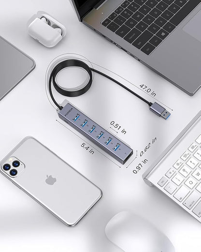 FORIDA Aluminum Alloy 8 Port USB Hub Long Cable USB Splitter with 7-USB3.0 Data Ports and TypeC 5V/3A Power Port Compatible with MacBook, Laptop,Surface Pro, PS5, PC and More (Gray, USB A-47in)