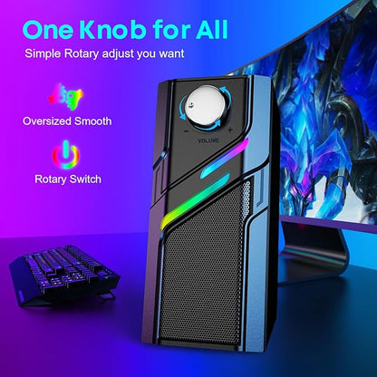 LENRUE Computer Speakers for Desktop PC with Easy Knob, Clear Powerful Sound, Touch Lights, Plug and Play for Computer Desktop PC, Monitors, Laptop (USB & AUX)