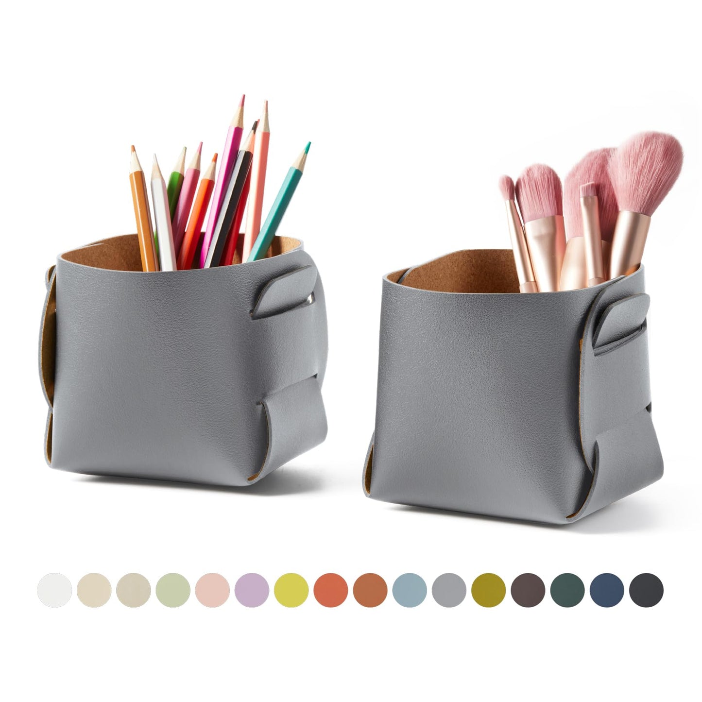 HOMIEAZICOZI 2-Pack Cork Leather Desk Accessories Storage - Pencil Pen Holder - Makeup Brush Holder Organizer - Stylish Addition to Home Decor (Gray)