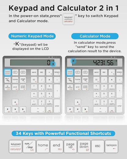 Rechargeable Wireless Number Pad for Laptop, 34 Keys Numeric Keypad with Dual Bluetooth & Display, 2-in-1 Numpad and Calculator, Slim Portable Number Pad Keyboard for Windows, Mac, PC, Tablet