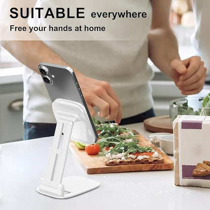 DEERLAMN Cell Phone Stand for Desk, Height Adjustable Cell Phone Holder Portable Desktop Stand, Travel Home Office Desk Accessories Compatible with iPhone 16/15/14/13/12/11 All Smartphone - White