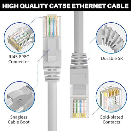 Cat5e Ethernet Cable 200 FT, Long Cat 5e Internet Cable, Grey Snagless Patch Cord, Flexible, Network, LAN, PoE, Standard RJ45 Connector for PC, Server, Router, Modem, TV, PS5 - with 15 Cable Ties