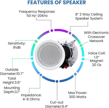 Home Audio System Kit - 7.2 Channel 1500W Bluetooth Amplifier w/ 8 Qty of 8" Framed Ceiling Speakers 300 W Each, 4-Ch Speaker Selector, 2 Qty of Mic, 250 ft Speaker Wire & Remote by Vaiyer