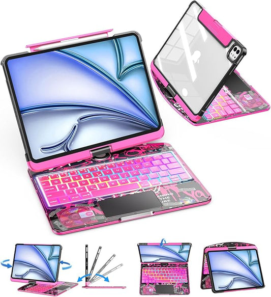 SIBEITU Clear Wireless Keyboard Case for iPad Air 11-inch (M4 2026/M3 2025/M2 2024) & iPad Pro 11-inch 4th 3rd 2nd 1st Gen, 7Color Backlit with Multi-Touch Trackpad for 10.9" iPad Air 5/4th Gen, Pink