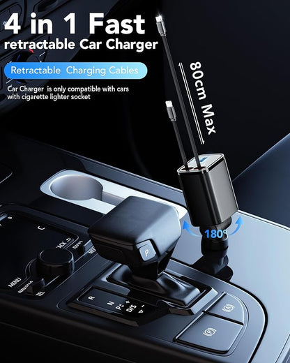 Retractable Car Charger, 4 in 1 Fast Car Charging 60W, Compatible for iPhone 16 Car Travel Essentials Charger, Women Men for Gifts USB C Car Honda Civic Accessories Adapter Compatible for iPhone 16 15