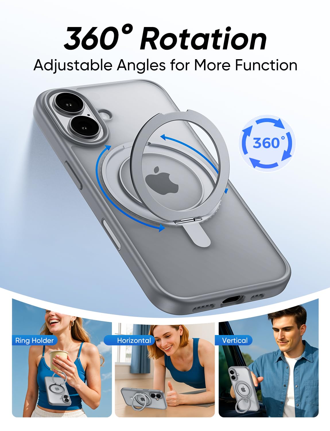 MAGIC JOHN 360° Rotatable Magnetic Invisible Stand for iPhone 16 Case [Camera Control Button] [Compatible with MagSafe] 16FT Shockof for iPhone 16 Case with Kickstand, Gray
