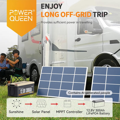 Power Queen 12V 300Ah Lithium Battery, 3840Wh LiFePO4 Battery with 2560W Power Output, Up to 15000+ Deep Cycles, BMS Protections for Solar, RV Motorhome, Marine, Off-Grid