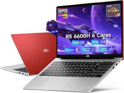 NIMO 15.6" IPS FHD-Gaming-Laptop, AMD Ryzen 5 6600H 6-Cores 660M GPU 16GB DDR5 RAM 1TB SSD(Beat i7-1165G7, Up to 4.5GHz) Computer with 100W GaN Type C Fingerprint Backlit Keyboard Win 11