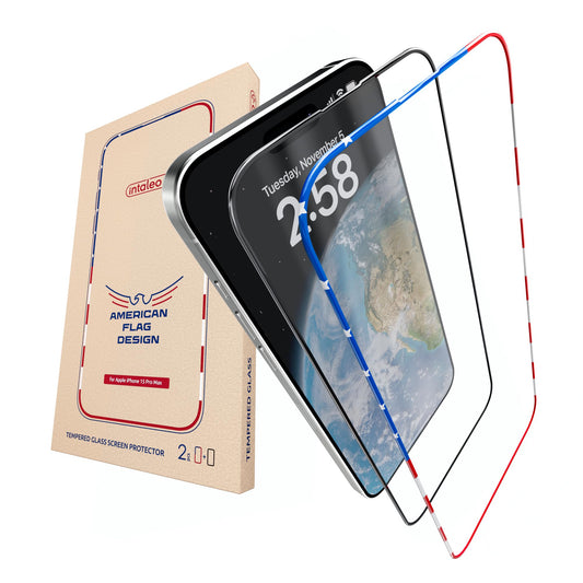 Intaleo Screen Protector for iPhone 15 Plus / 16 Plus - Tempered Glass Screen Protector (2 Pack) - USA Flag & Black Frame - 9H Hardness Full Coverage - Oleophobic Coating with Easy Installation