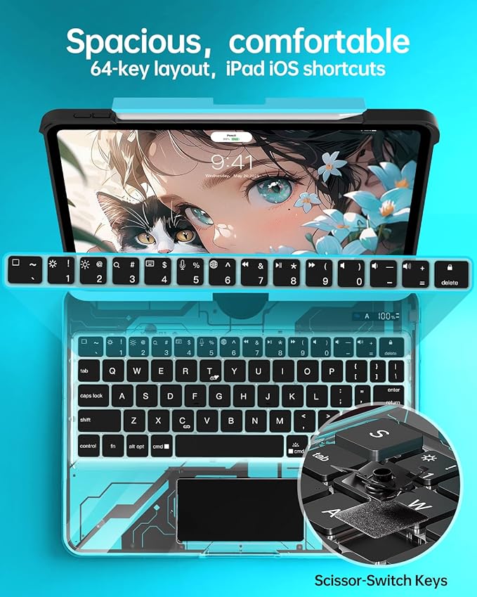 Intermerge Clear Keyboard Case for iPad Air 11" (M3/M2, 2025/2024), Air 5th/4th, Pro 11" 2022-2018, 360° Swivel Multi-Touch Trackpad, 7-Color Backlit, Pencil Holder, Type-C, Aqua Pulse