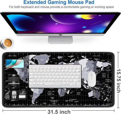 Large Mouse Pad, 31.5x15.7 inch Large Extended Computer Keyboard Mouse Mat, Water Resist Non-Slip Mousepad Rubber Base Long XXL Desk Mouse Pad for Work & Gaming, Office & Home, Grey Map
