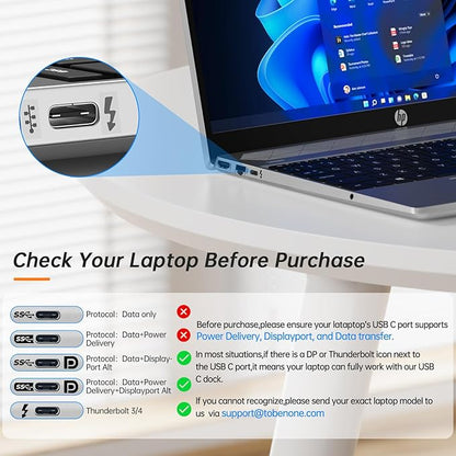 TobenONE USB C Laptop Docking Station Dual Monitor, 15-in-1 USB C Dock with Dual HDMI, 65W Power Supply, VGA, 4xUSB 3.0, 2xUSB 2.0, SD/TF, Ethernet and Audio/Mic for Lenovo, HP, Dell, Surface