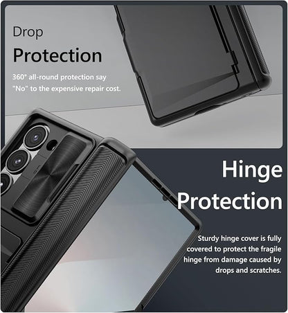 Vihibii for Samsung Galaxy Z Fold 6 Case with Card Holder & Slide Camera Cover & Screen Protector & Hinge Protection, Heavy Duty Rugged Wallet Phone Case for Samsung Galaxy Z Fold 6 2024, Black