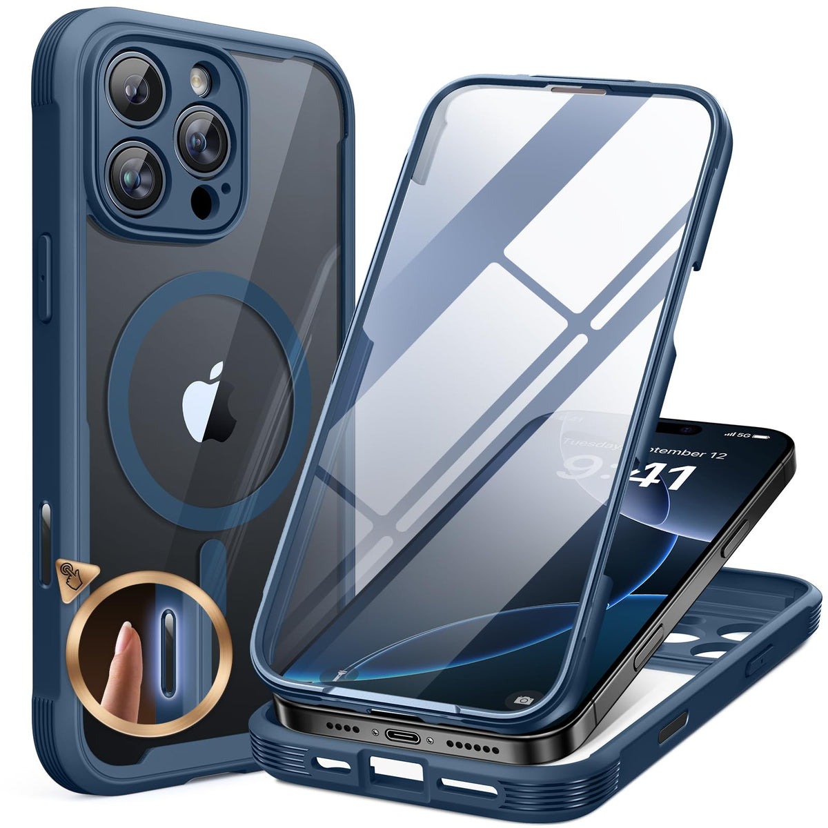 Miracase for iPhone 13 Case 6.1'',Full-Body Magnetic Clear Bumper Case with Built-in 9H Tempered Glass Screen Protector,Military Drop Protection Outdoor Phone Case — iPhone 16 Pro Max