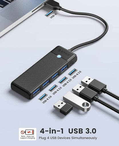 ORICO USB 3.0 Hub, 4-Port USB Hub, Ultra Slim USB Splitter for Laptop for MacBook, Mac Pro, iMac, Surface Pro,XPS, PS5, PC, Flash Drive, Mobile HDD(Black/0.5ft)