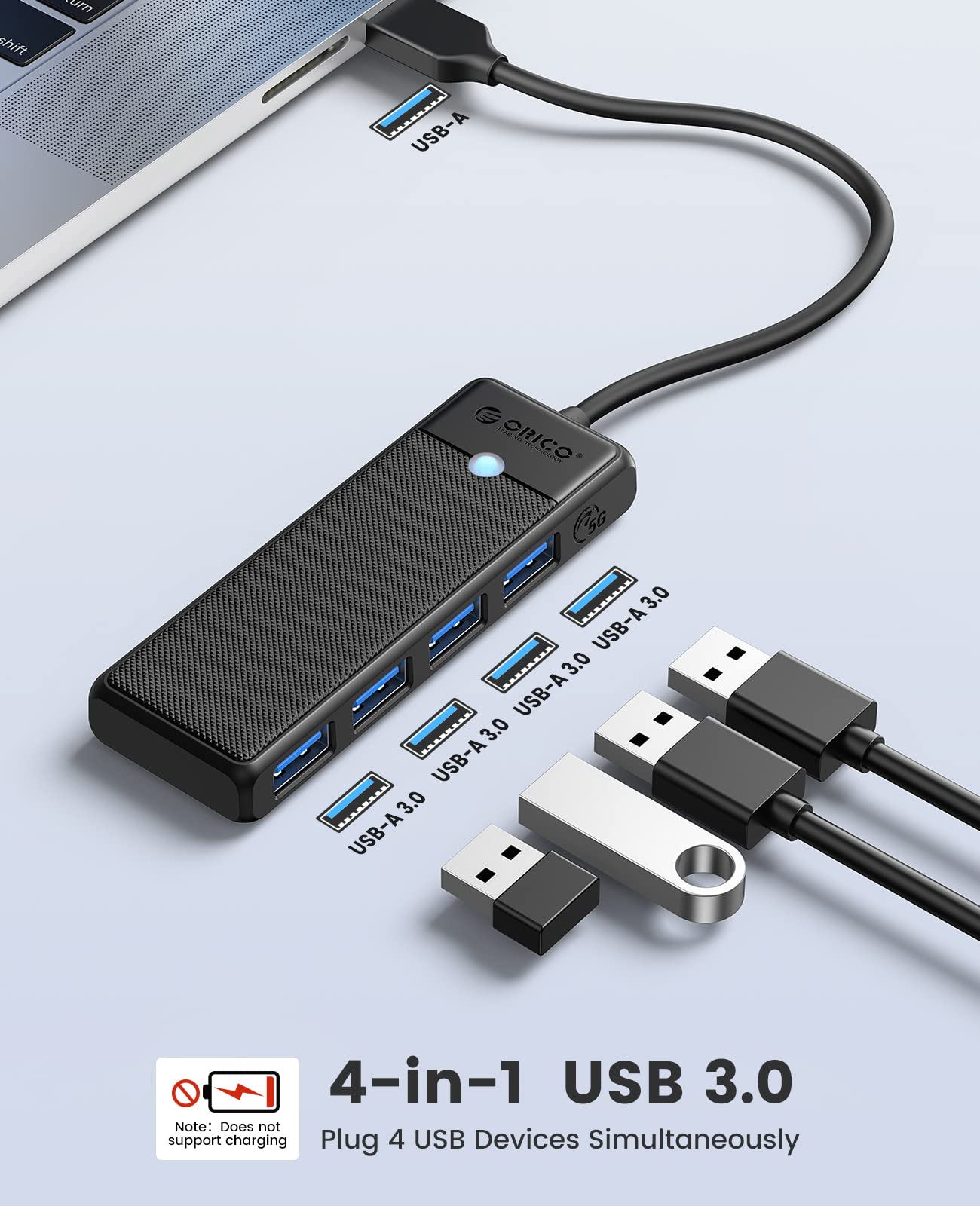 ORICO USB 3.0 Hub, 4-Port USB Hub with 6Ft Long Cable, Ultra Slim USB Splitter for Laptop MacBook Pro, iMac, Surface Pro, XPS, PS5，PC, Flash Drive, Mobile HDD