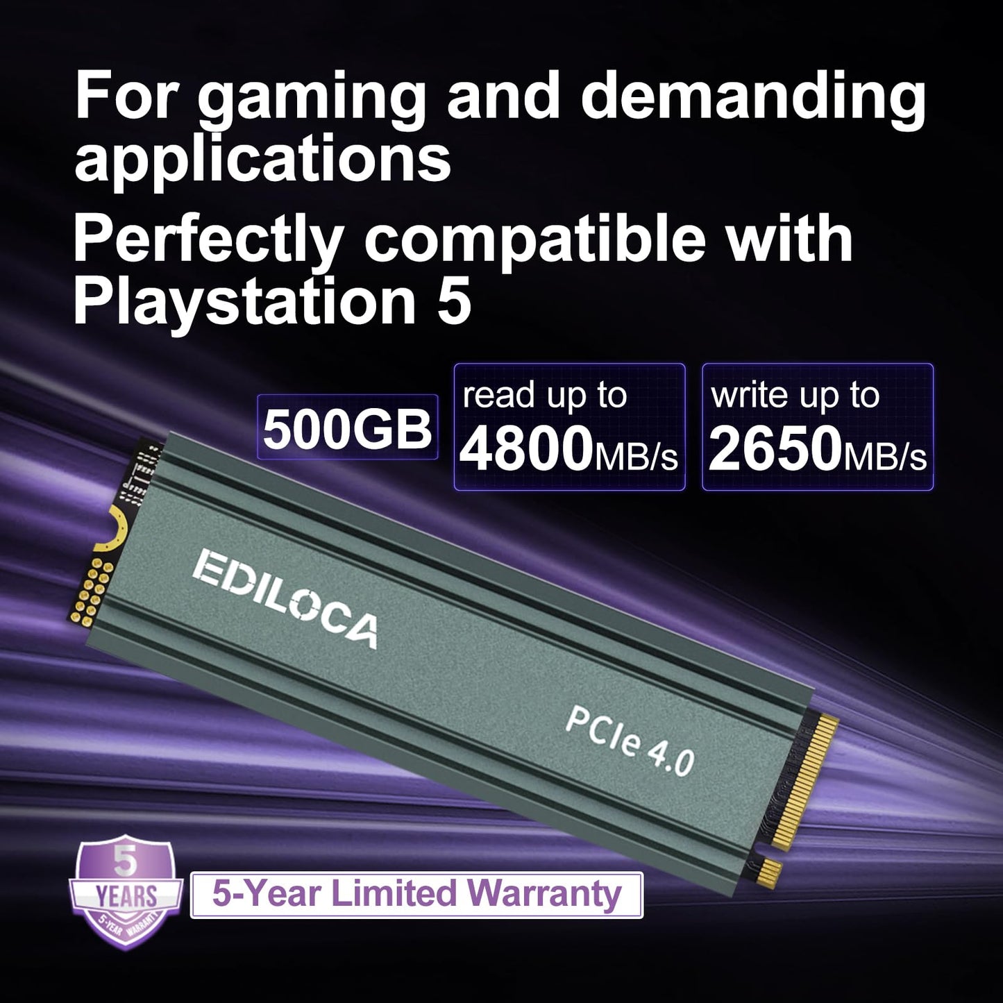 Ediloca 500GB M2 NVME SSD with Heatsink - PCIe Gen4.0 NVMe M.2 2280 3D NAND TLC, 4800MB/s Read, Internal Solid State Drive for PS5/PC, Dynamic SLC Cache, PS5 Storage Expansion, 5-Year Warranty(EN760)