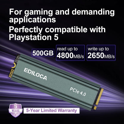 Ediloca 500GB M2 NVME SSD with Heatsink - PCIe Gen4.0 NVMe M.2 2280 3D NAND TLC, 4800MB/s Read, Internal Solid State Drive for PS5/PC, Dynamic SLC Cache, PS5 Storage Expansion, 5-Year Warranty(EN760)