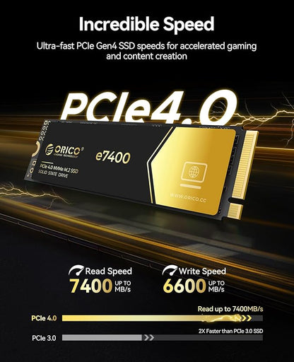 ORICO 2TB NVMe SSD PCIe 4.0- Up to 7400MB/s, M.2 SSD 2280 PCIe 4.0X4 Internal Solid State Drive SSD, Fast Heat Dissipation, Compatible with macOS Windows for Gamers and Creators-e7400