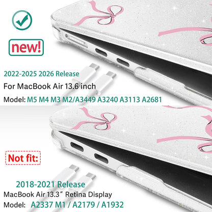 May Chen Case for MacBook Air 13/13.6 inch M5 A3449 M4 A3240 M3 A3113 M2 A2681, 2026 2025 2024-2022, Plastic Hard Shell with Keyboard Cover & Screec Protector, Clear Glitter Bow