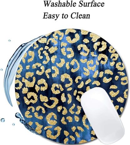 Leopard Gold Watercolor Navy Blue Mouse Pad Round Non-Slip Rubber Mousepad Laptop Office Computer Decor Cute Desk Accessories Customized Design Mouse Pad