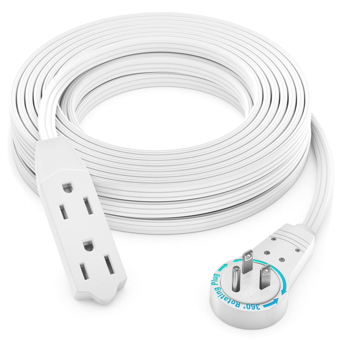 Maximm Cable 10 Ft 360° Rotating Flat Plug Extension Cord/Wire, 16 AWG Multi 3 Outlet Extension Wire, 3 Prong Grounded Wire - Black - UL Certified