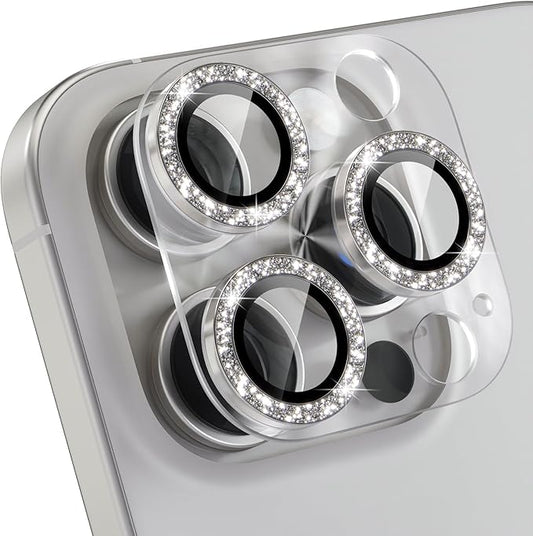 Choiche Compatible for iPhone 16 Pro/iPhone 16 Pro Max Camera Lens Protector, Bling Camera Cover with 9H Tempered Glass Lens Screen Protector Metal Ring Accessories (Clear-Titanium Natural)