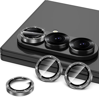 for Samsung Galaxy Z Fold 7 Camera Lens Protector, Individual Metal Ring Tempered Glass Lens Cover, [Strong Adsorption] Scratch Resistant Ultra-Thin HD Clear Lens Cover, 1 Set-Black Sparkly
