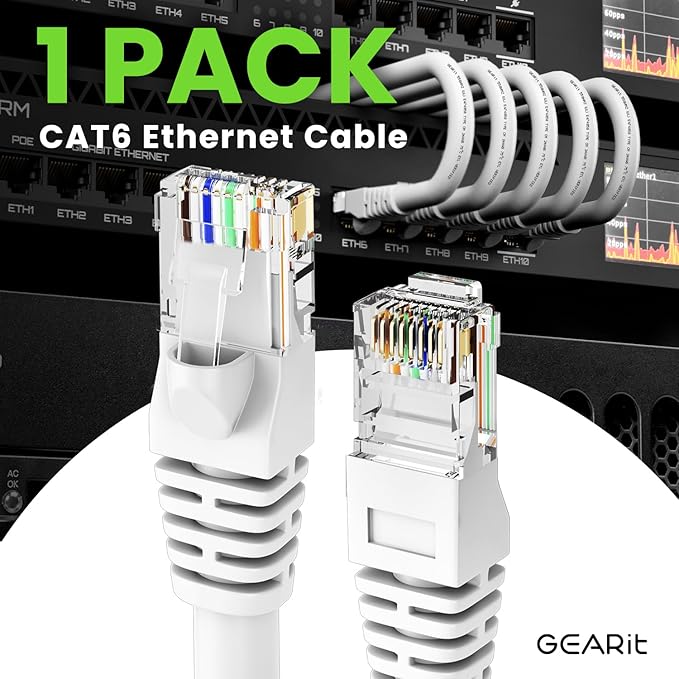 GEARit Cat 6 Ethernet Cable (1-Pack 150 Feet) Cat6 Network Patch, 10Gbps, RJ45, Snagless Cord, Gold-Plated Connectors, Internet for PC, TV, Tablet, Router, Printer, Servers, IT Data Center - White