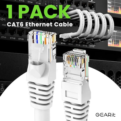 GEARit Cat 6 Ethernet Cable (1-Pack 25 Feet) Cat6 Network Patch, 10Gbps, RJ45, Snagless Cord, Gold-Plated Connectors, Internet for PC, TV, Tablet, Router, Printer, Servers, IT Data Center - White