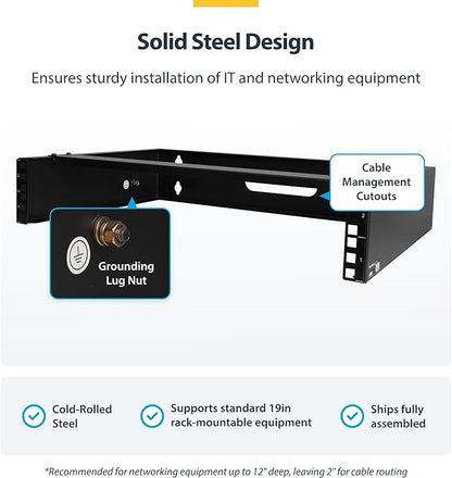 StarTech.com 2U Wall Mount Network Rack - 14 in Deep (Low Profile) - 19" Patch Panel Bracket for Shallow Server, IT Equipment, Network Switches - 77lbs/35kg Weight Capacity, Black (RACK-2U-14-BRACKET)