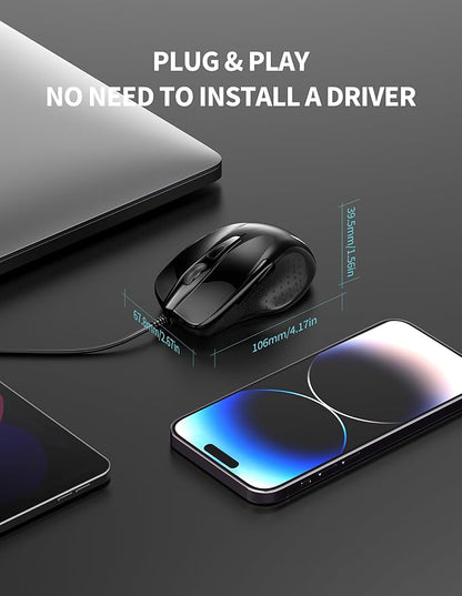 TECKNET USB Wired Mouse, 6-Button Corded Mouse with 4 Adjustable DPI, Optical Computer Mouse with Ergonomic Design and 5FT Cord for Laptop, Chromebook, PC, Desktop, Mac, Notebook-Black