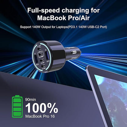 CHIPOFY 300W USB C Car Charger, 6 Ports (4 USB C + 2 USB A) - PD3.1 140W PPS 45W QC 60W Super Fast Charging Car Adapter for MacBook Laptop, iPhone 16 15 Pro Max, iPad, Galaxy S25/S24 Ultra etc